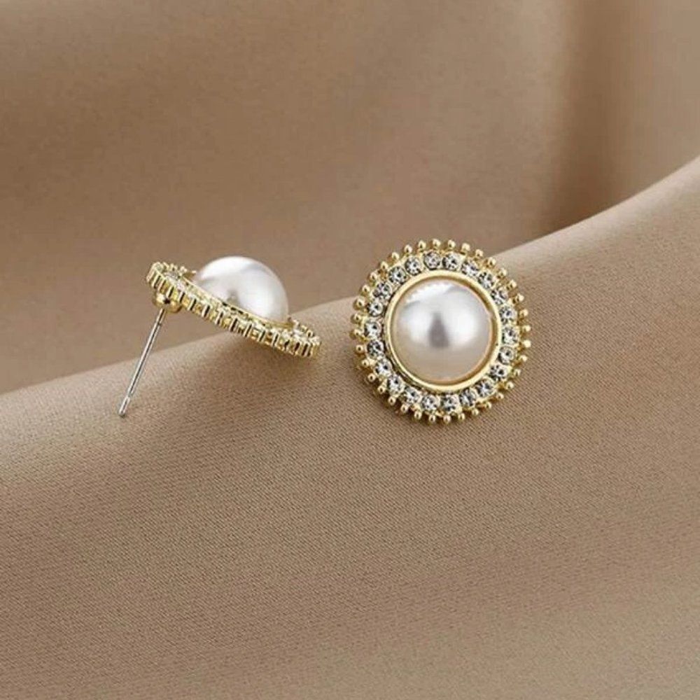 5/$25 Rhinestone Crystal Decorated Faux Pearl Large Stud Post Earrings - Picture 3 of 9